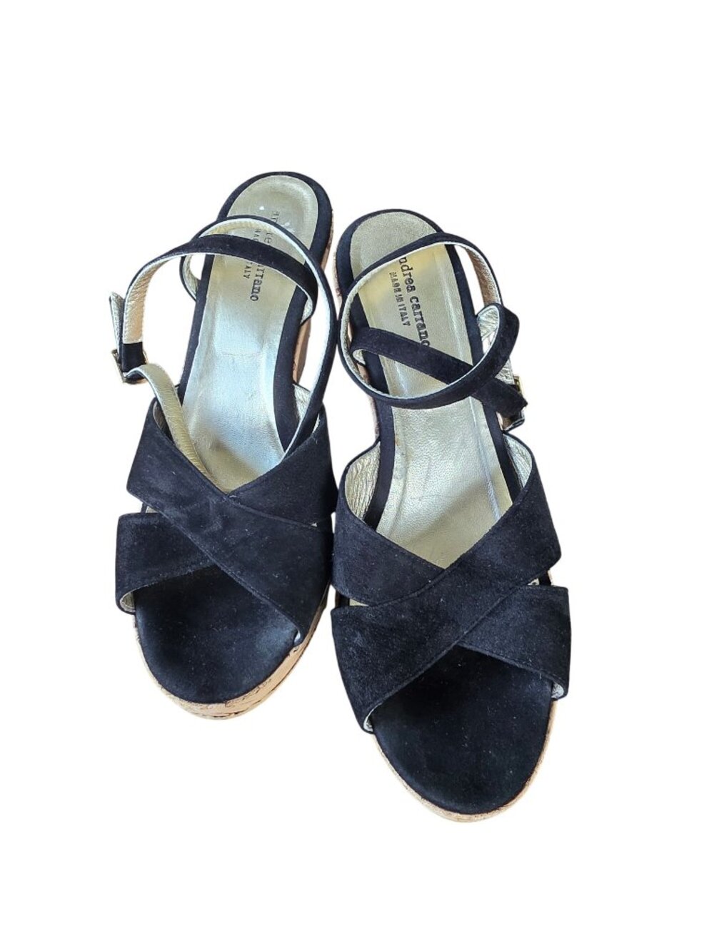 Andrea Carrano Made Italy Black Strappy Cork Wedge Peep Toe Sandals Sz 41